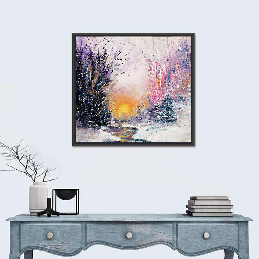 Golden Sunset Winter Stream Wall Art in a room, square