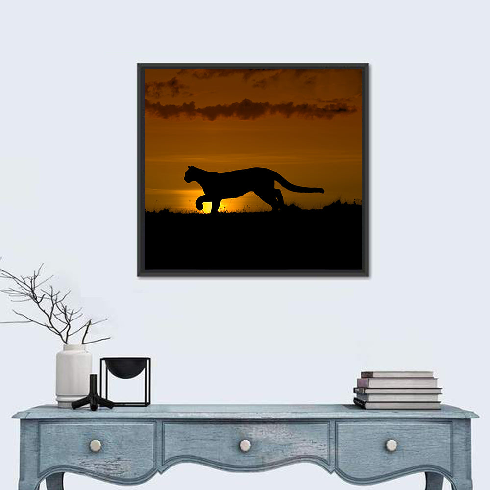 Cougar Silhouette at Sunset Wall Art in a room, square