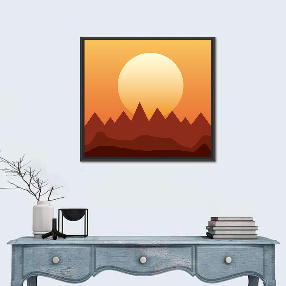 Geometric Mountain Sunset Wall Art in a room, square