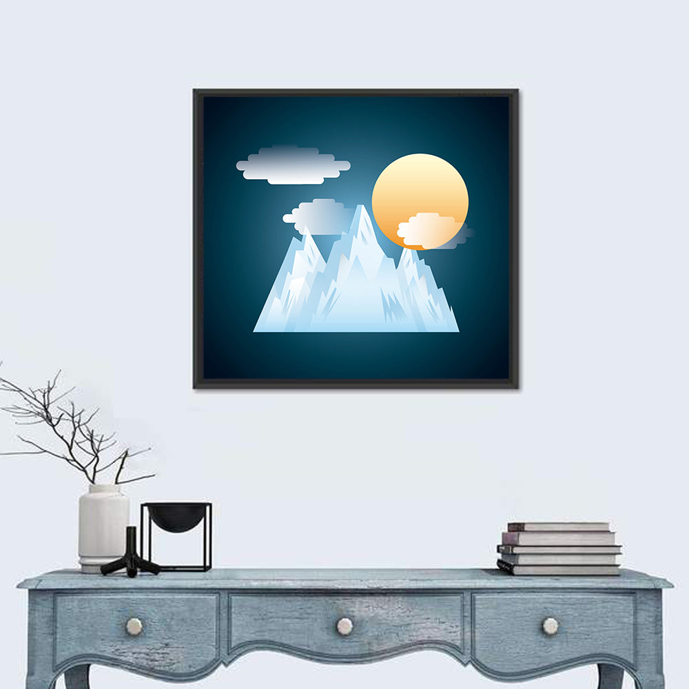 Geometric Snowy Mountain with Golden Sun Wall Art