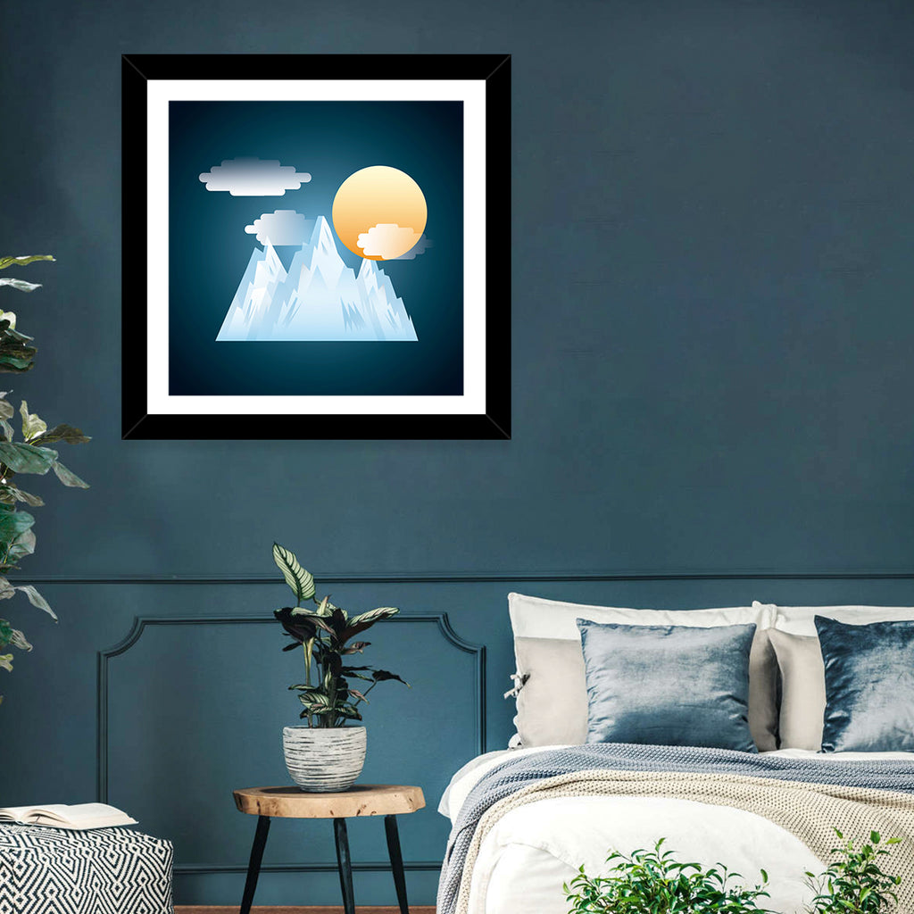 Geometric Snowy Mountain with Golden Sun Wall Art