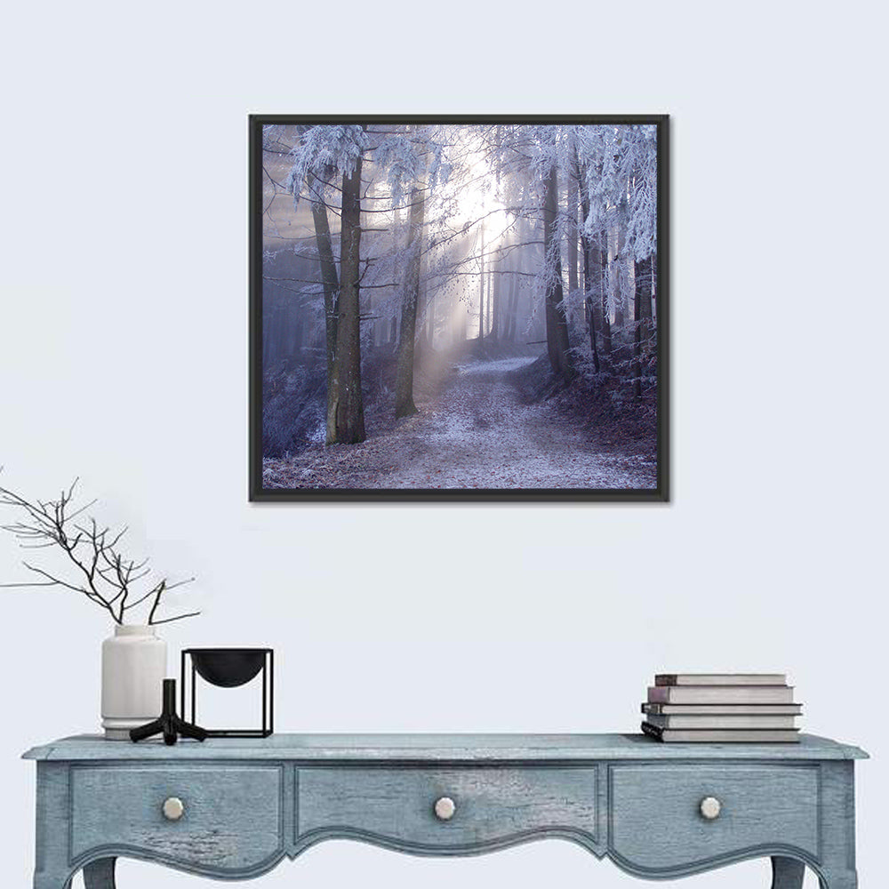Frosted Forest Path at Dawn Wall Art in a room, square
