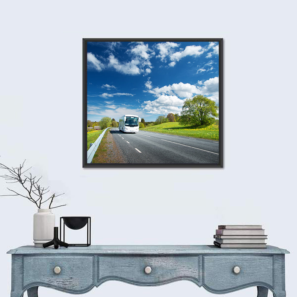 White Bus on Meadow Road Wall Art in a room, square