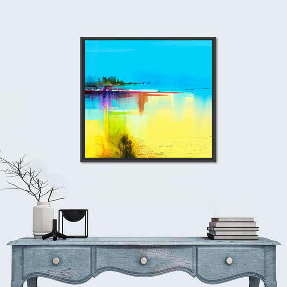 Sunlit Abstract Coastline in Spring Colors Wall Art in a room, square