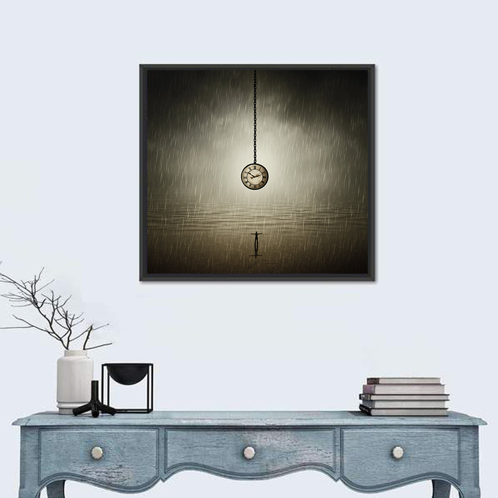 Suspended Pocket Watch in Rain Wall Art in a room, square