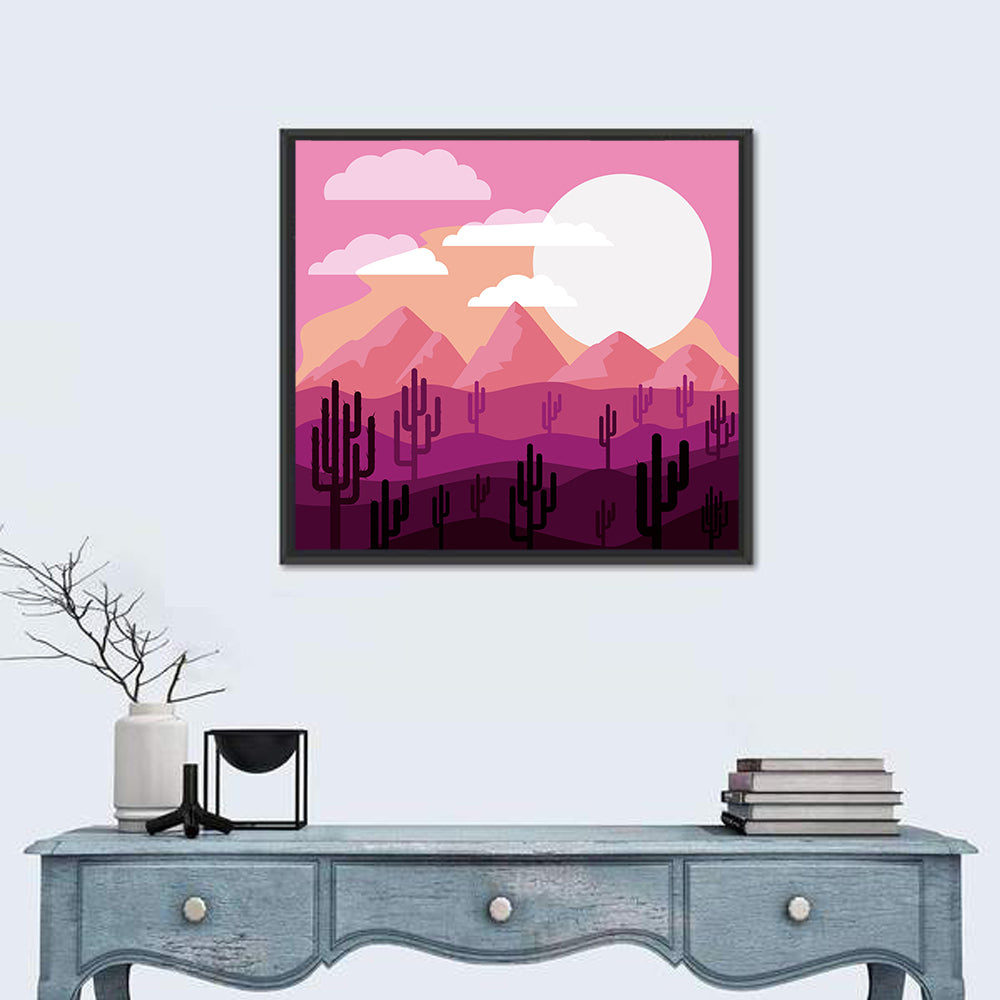 Saguaro Sunset Illustration Wall Art in a room, square
