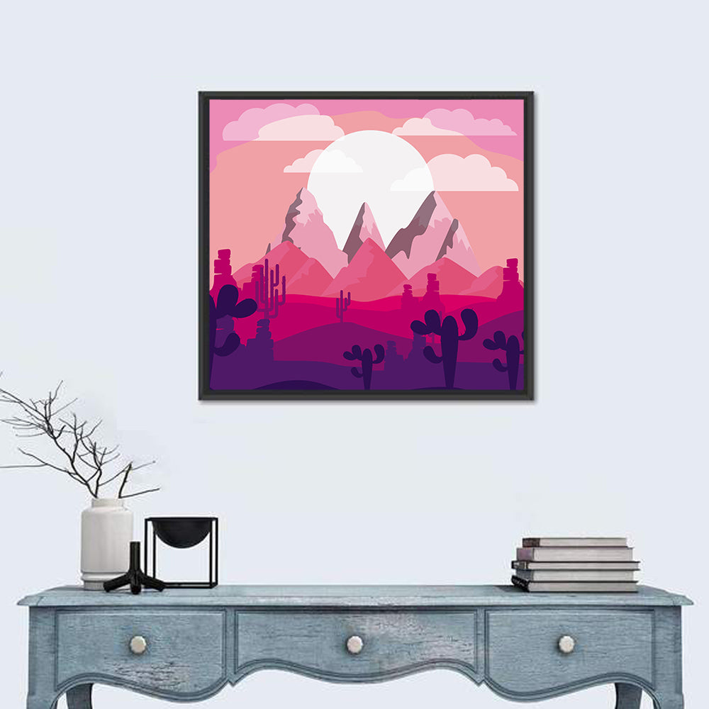 Magenta Desert Mountains Illustration Wall Art in a room, square