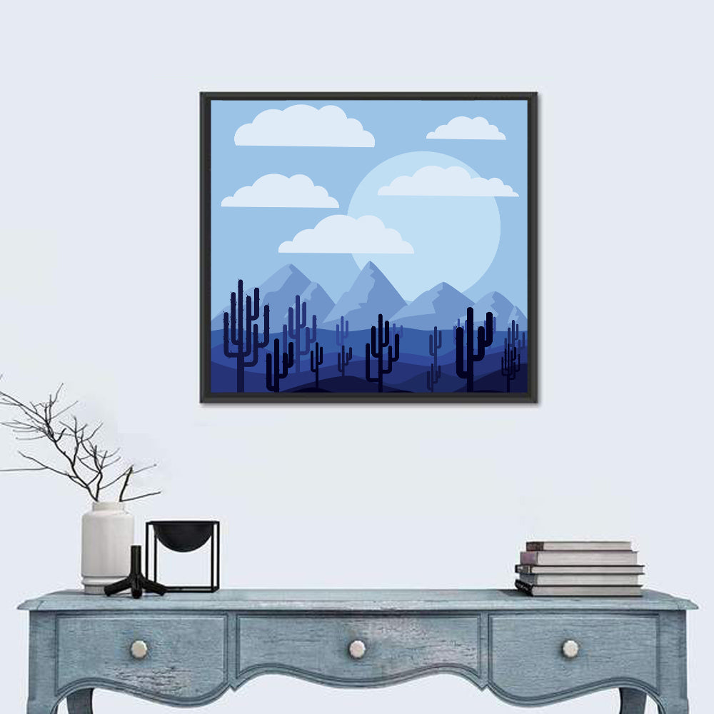 Blue Desert Cactus Illustration Wall Art in a room, square