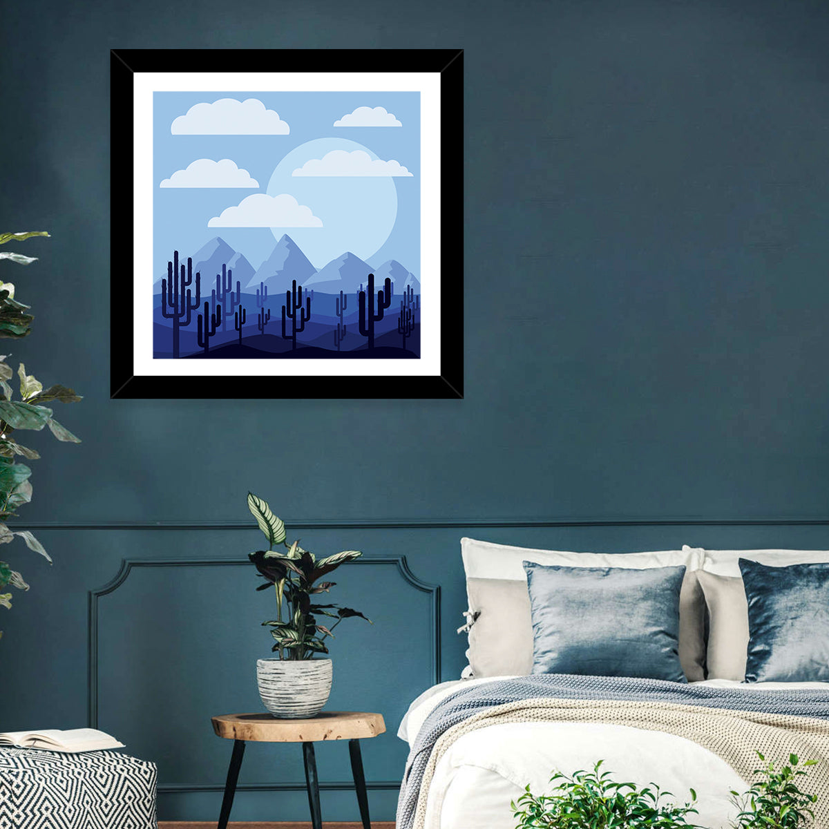 Blue Desert Cactus Illustration Wall Art in a room, square