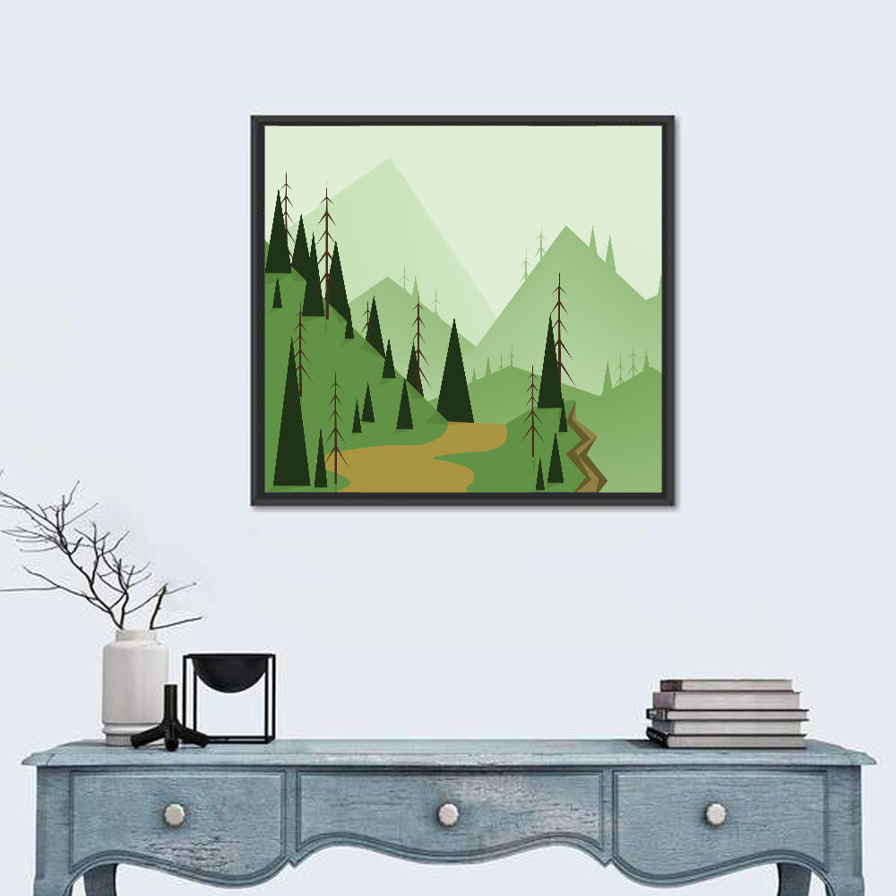 Green Foggy Hills Illustration Wall Art in a room, square