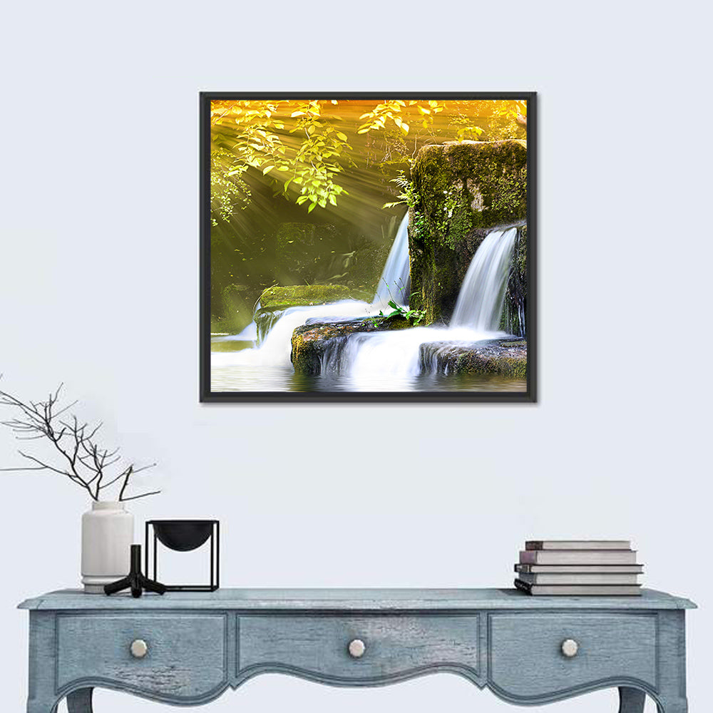 Sunlit Forest Waterfall Wall Art in a room, square