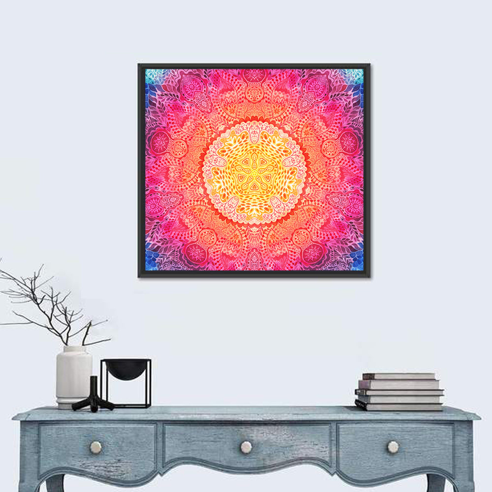 Watercolor Lace Mandala in Pink and Gold Wall Art in a room, square