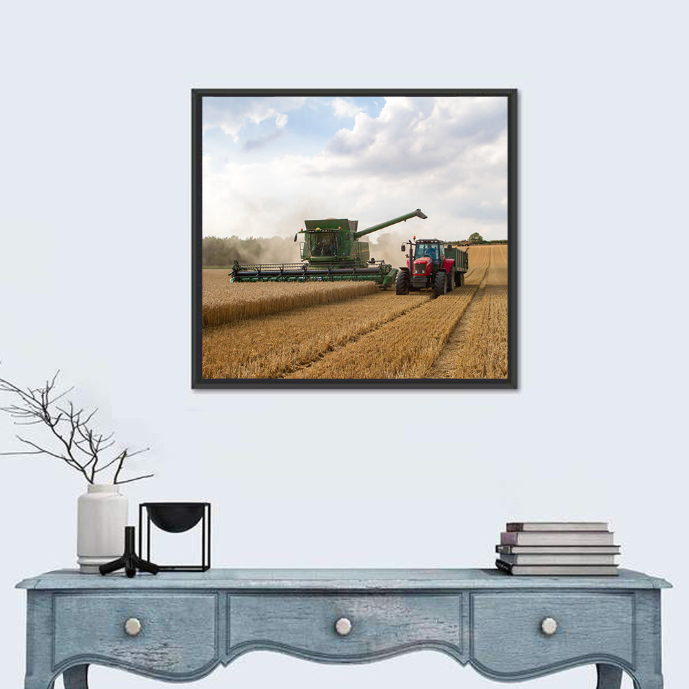 Wheat Harvest with Combine and Tractor Wall Art in a room, square