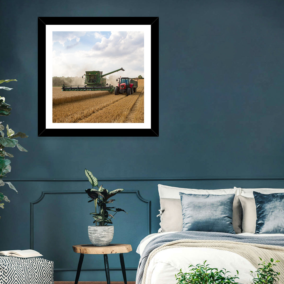 Wheat Harvest with Combine and Tractor Wall Art in a room, square