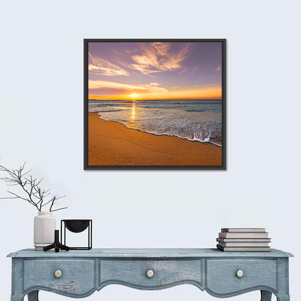 Sunrise Over Ocean Beach Wall Art in a room, square