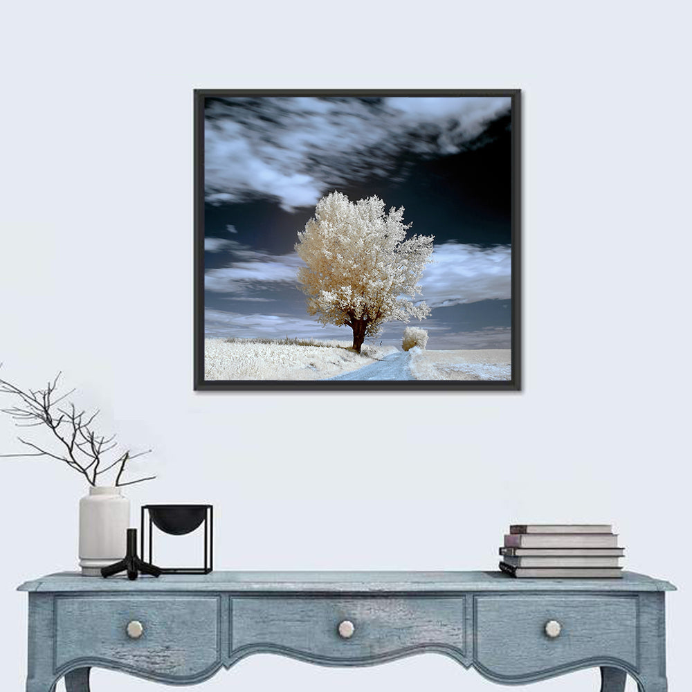 Infrared Winter Willow Tree Wall Art in a room, square