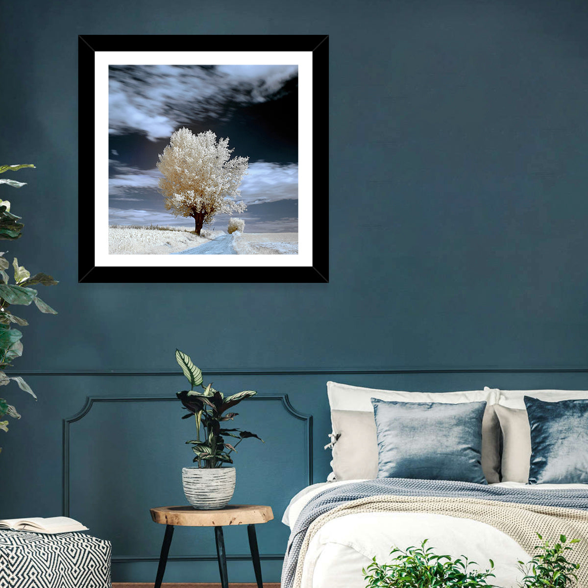 Infrared Winter Willow Tree Wall Art in a room, square
