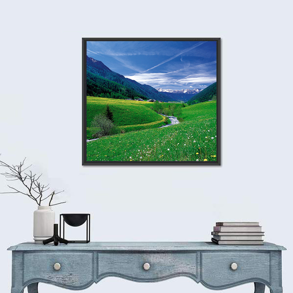 Snow-capped Peaks and Floral Meadow Wall Art in a room, square