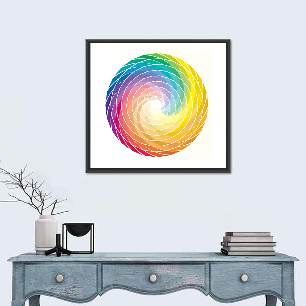 Radial Rainbow Spiral Wall Art in a room, square