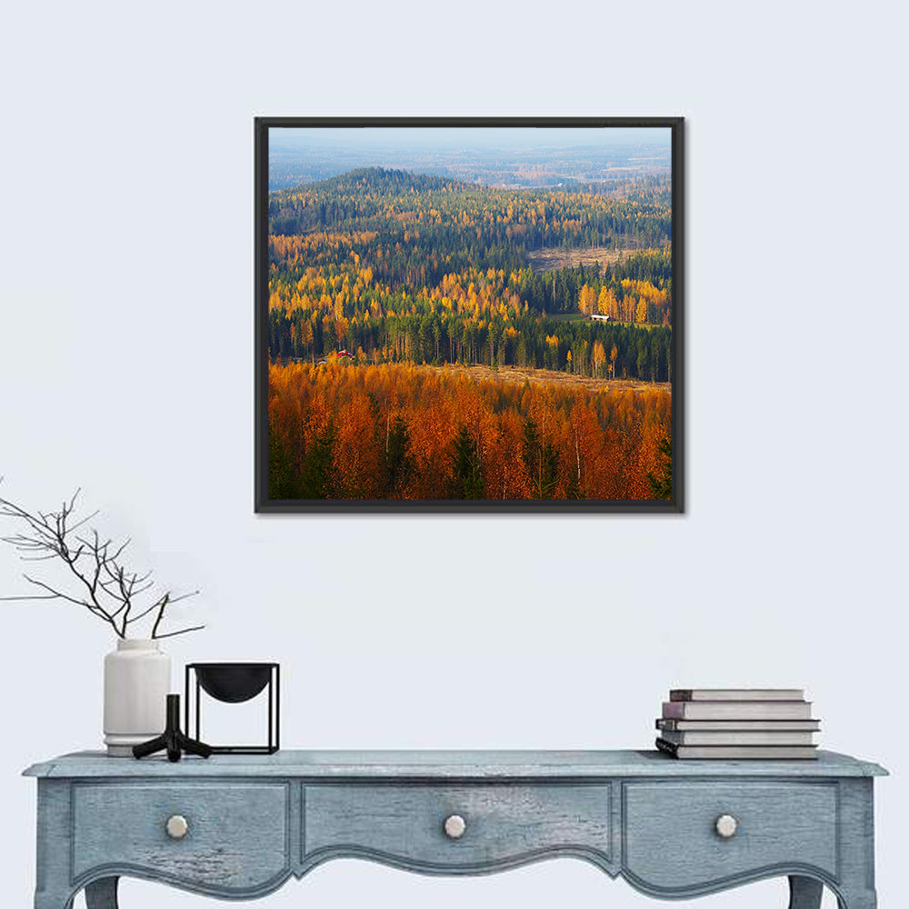 Finnish Autumn Landscape with Red-roofed House Wall Art in a room, square