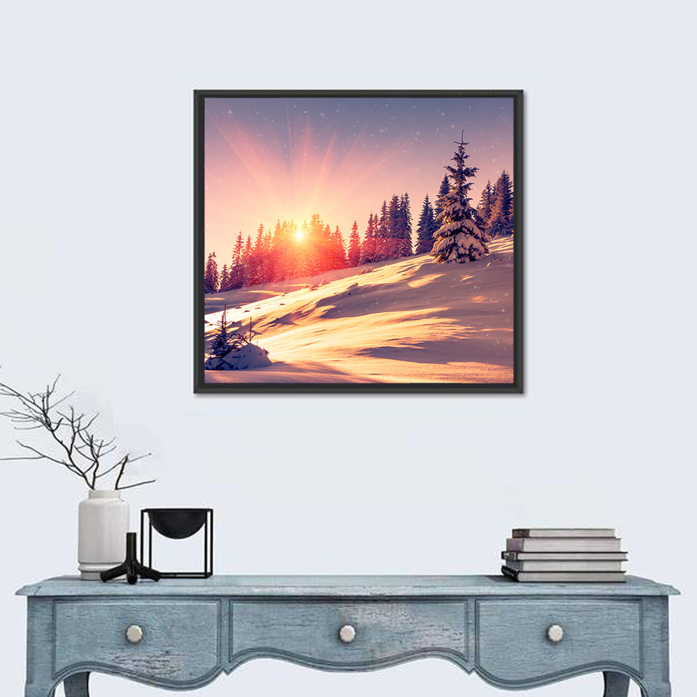 Winter Mountains Sunrise Wall Art in a room, square