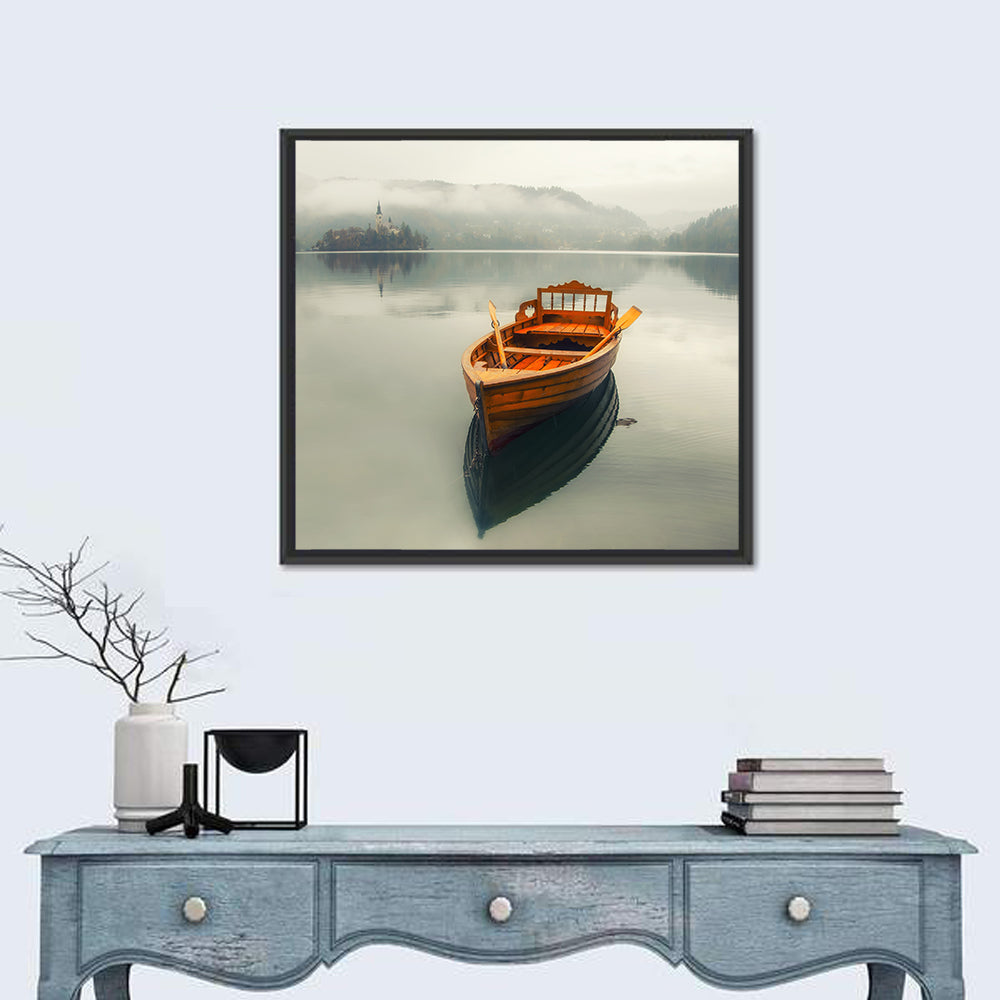 Wooden Boat on Misty Lake Bled Wall Art