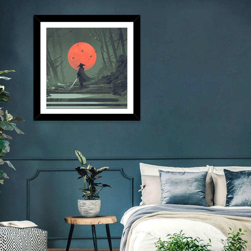 Samurai Under Red Moon Wall Art