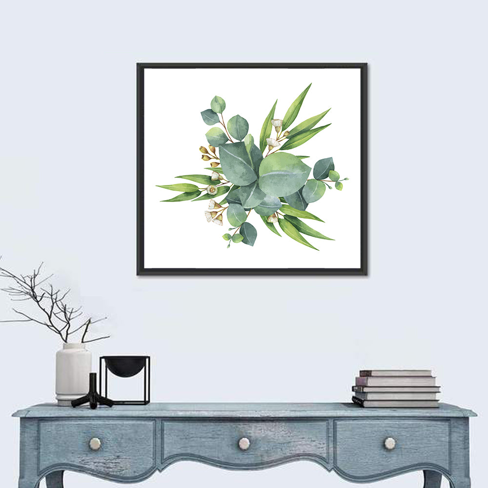 Eucalyptus Leaf Watercolor Cluster Wall Art in a room, square