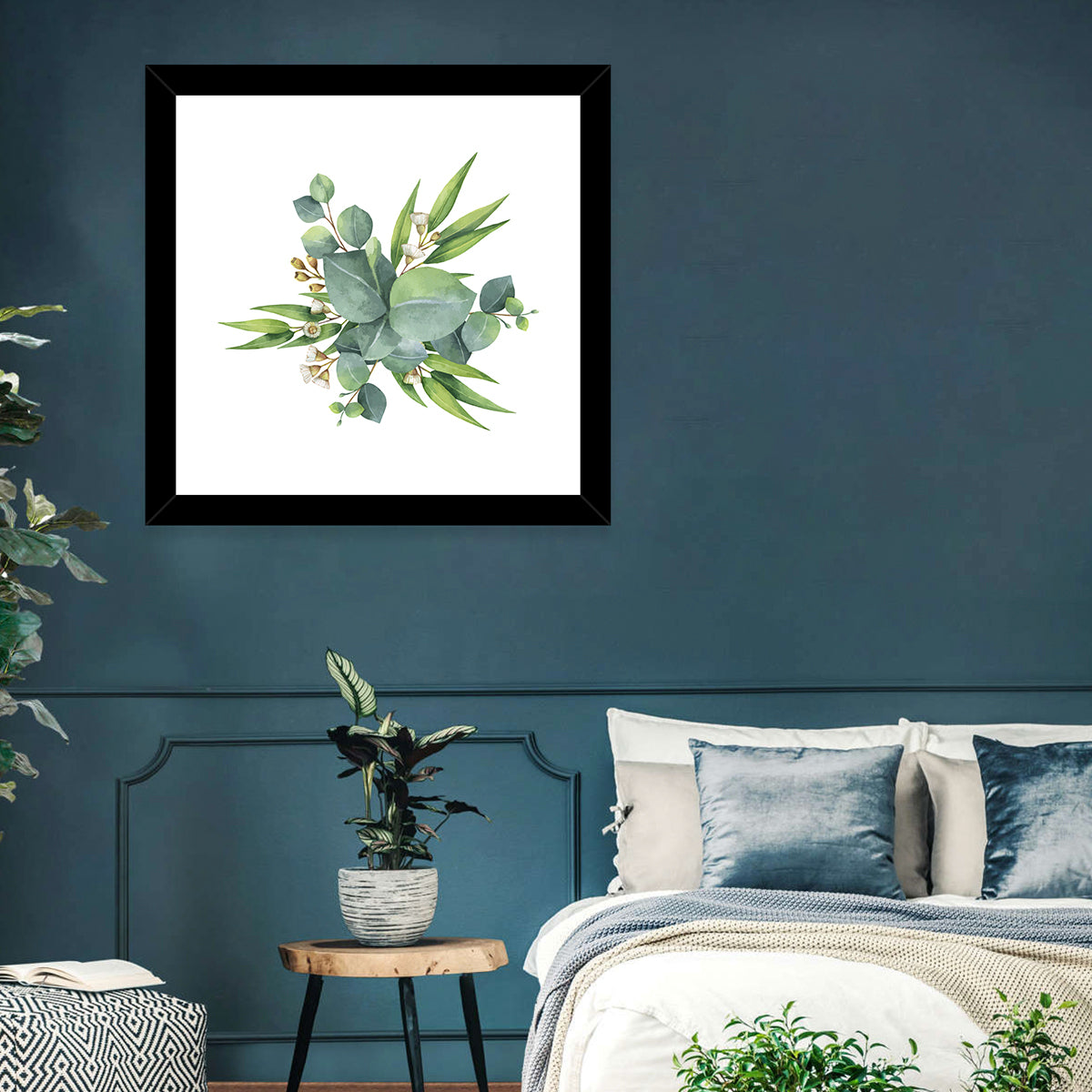 Eucalyptus Leaf Watercolor Cluster Wall Art in a room, square
