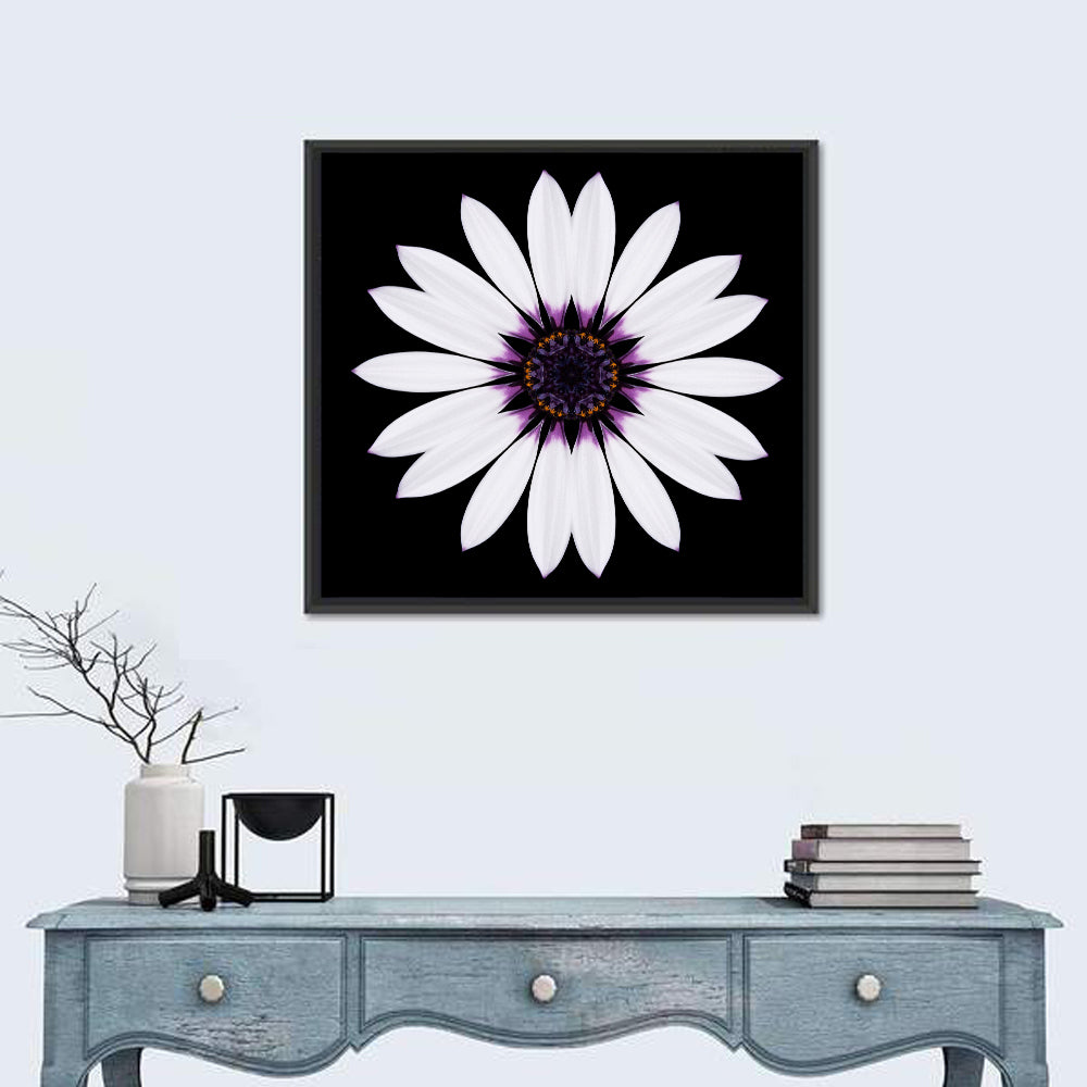 White Daisy Mandala on Black Wall Art in a room, square