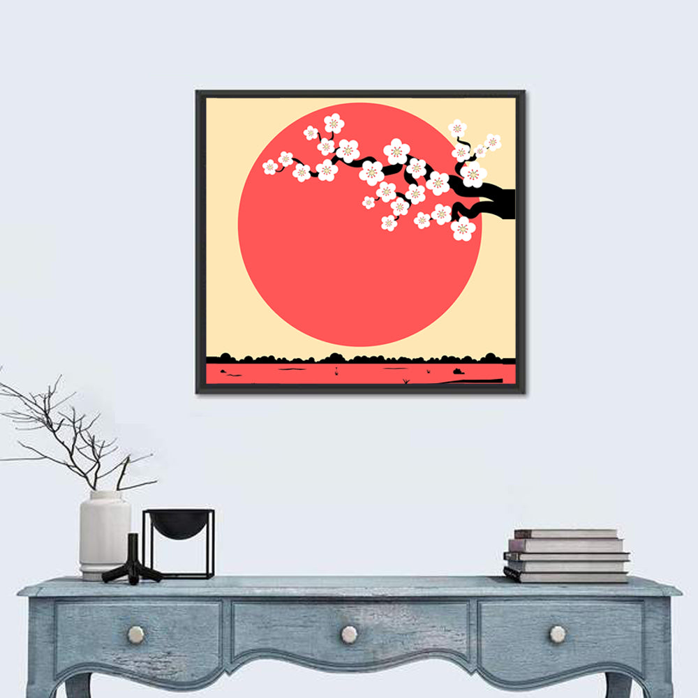 Cherry Blossom with Red Sun Wall Art in a room, square