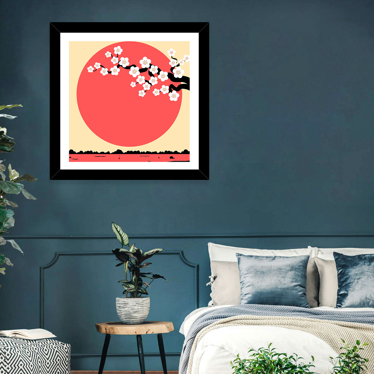 Cherry Blossom with Red Sun Wall Art in a room, square