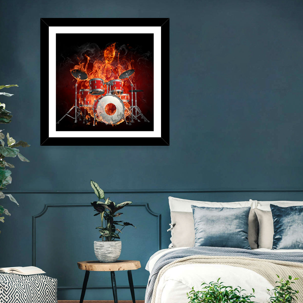 Flaming Skeleton Drummer Wall Art in a room, square