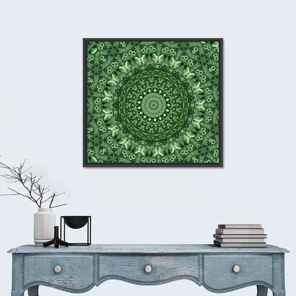 Green Botanical Kaleidoscope Mandala Wall Art in a room, square
