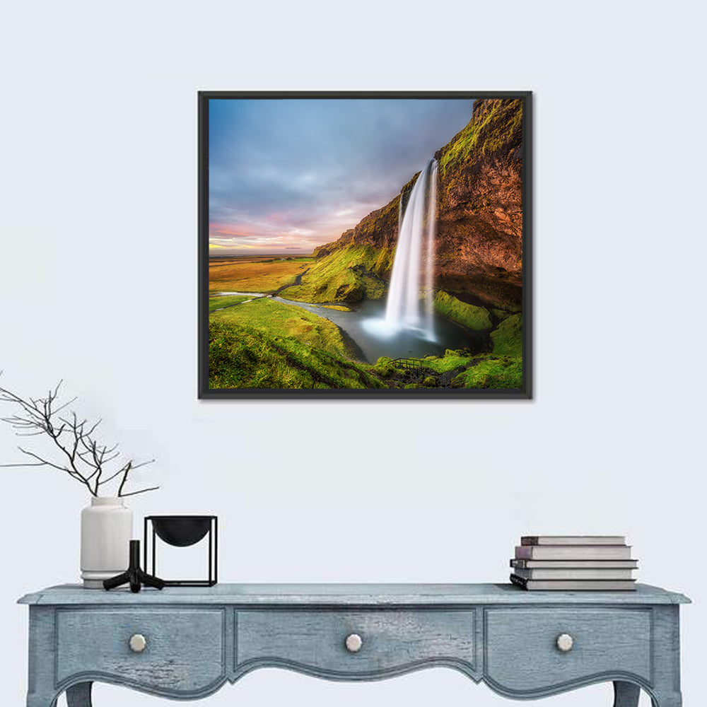 Seljalandsfoss Waterfall Wall Art in a room, square