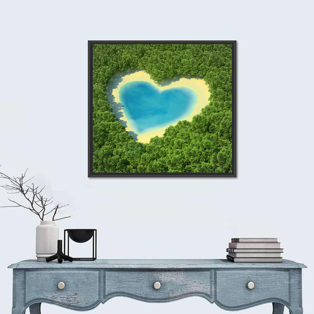 Heart-shaped Pond Aerial View Wall Art in a room, square