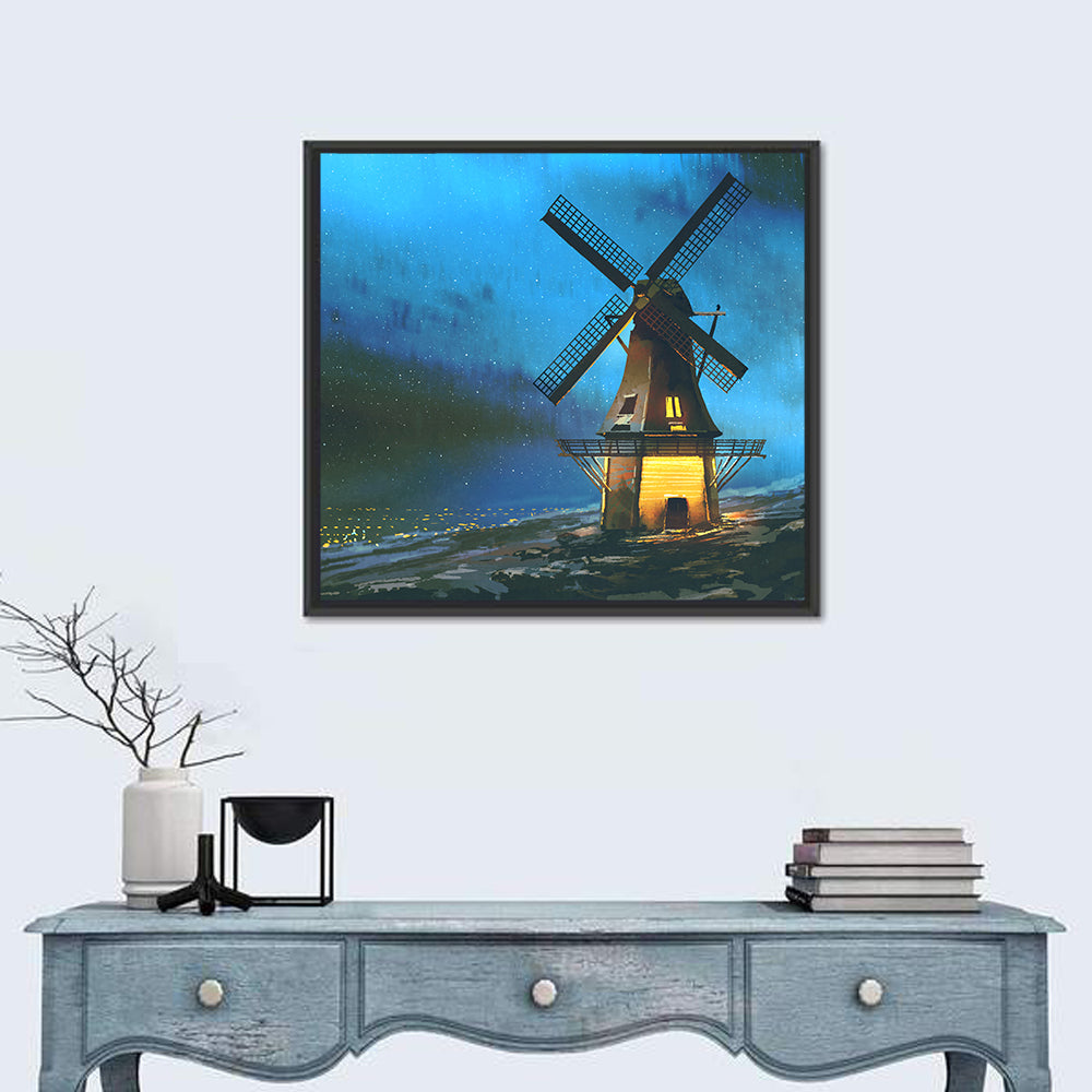 Seaside Windmill at Night Wall Art