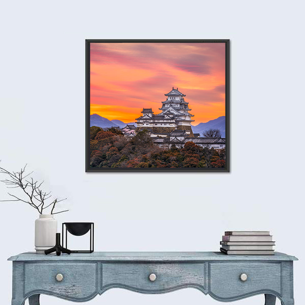 Himeji Castle at Sunrise Wall Art in a room, square