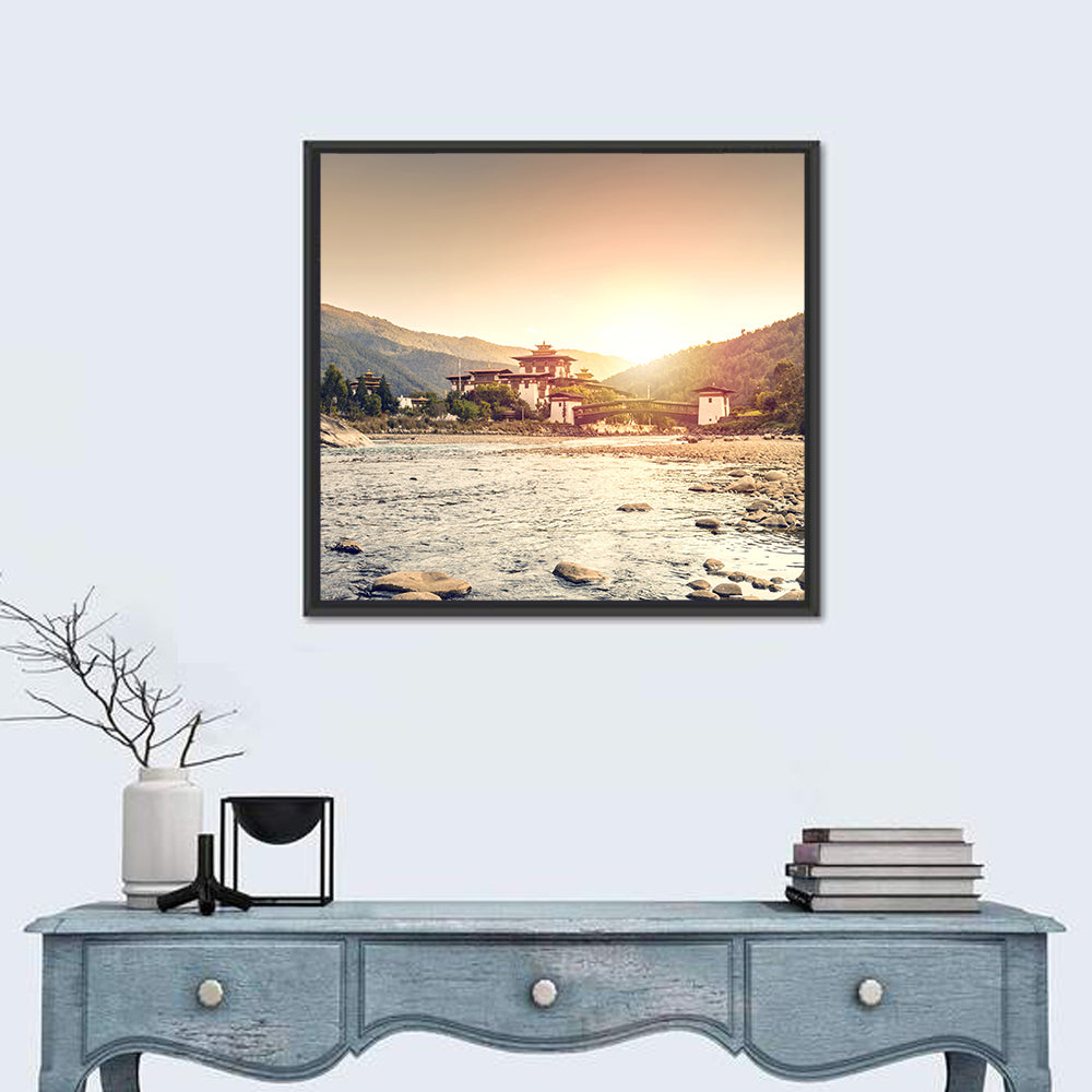 Punakha Dzong at Golden Hour Wall Art in a room, square