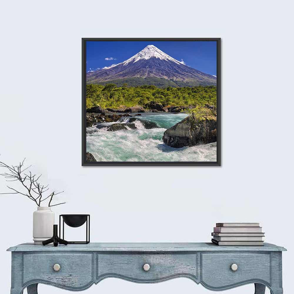 Osorno Volcano Over Petrohue Rapids Wall Art in a room, square
