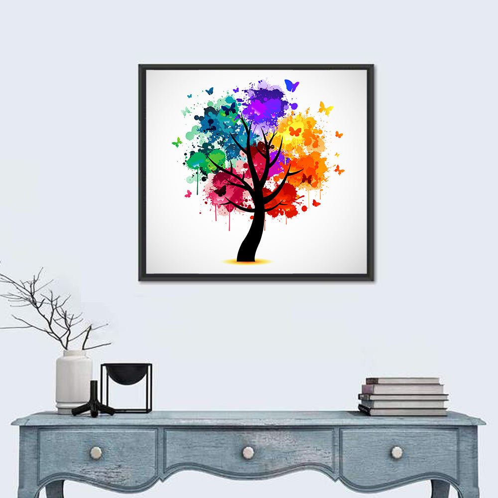 Painted Tree with Butterflies Wall Art in a room, square