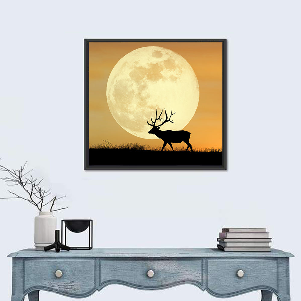 Bull Elk Silhouette Under Supermoon Wall Art in a room, square