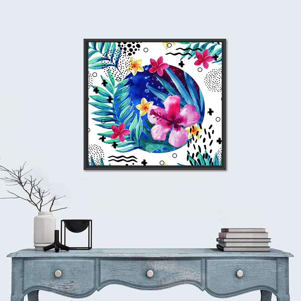 Tropical Botanical Circle Pattern Wall Art in a room, square