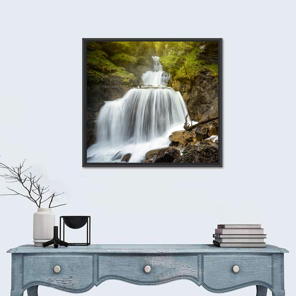 White Cascade Over Mossy Rocks Wall Art in a room, square