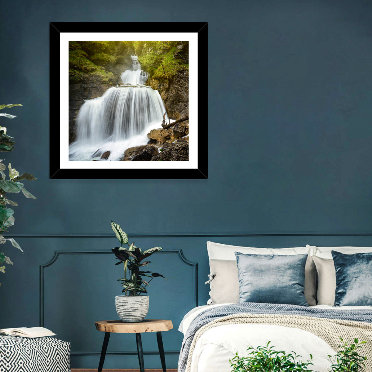 White Cascade Over Mossy Rocks Wall Art in a room, square