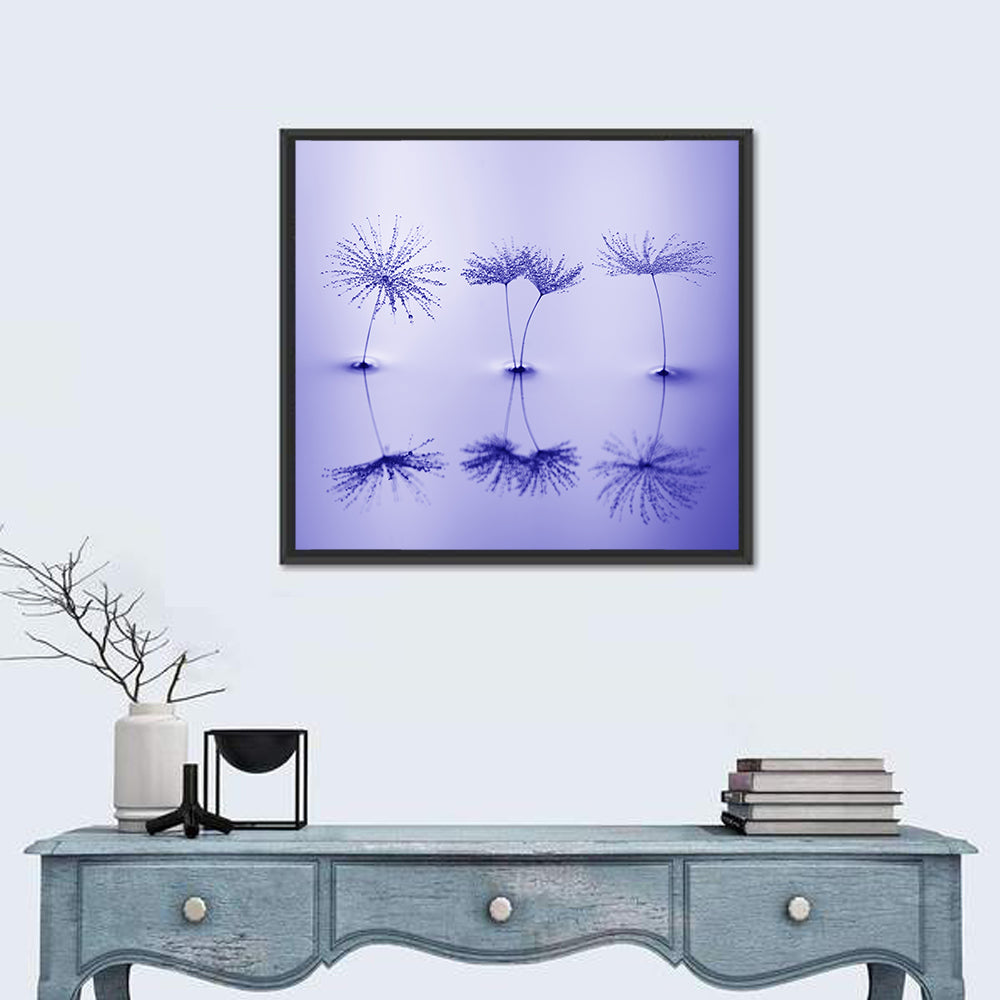 Blue Dandelion Seeds with Reflections Wall Art in a room, square