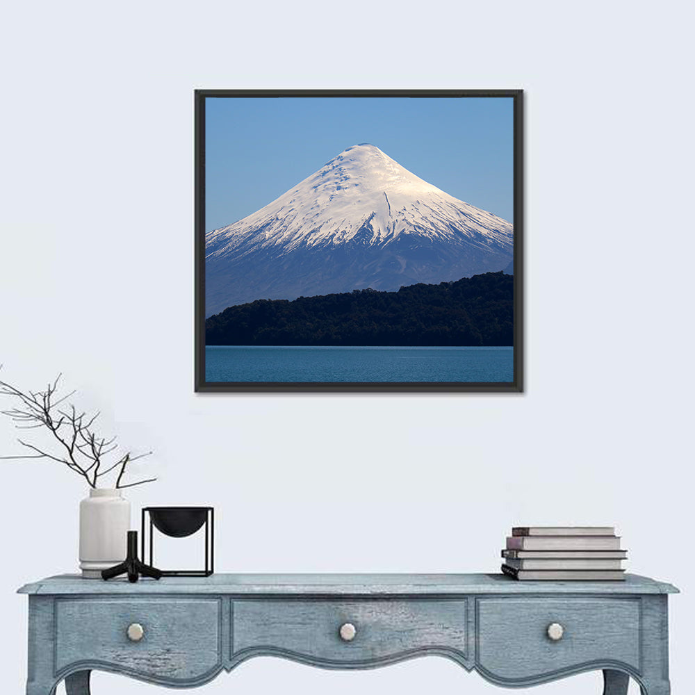Snow-capped Osorno Volcano Over Lake Wall Art in a room, square