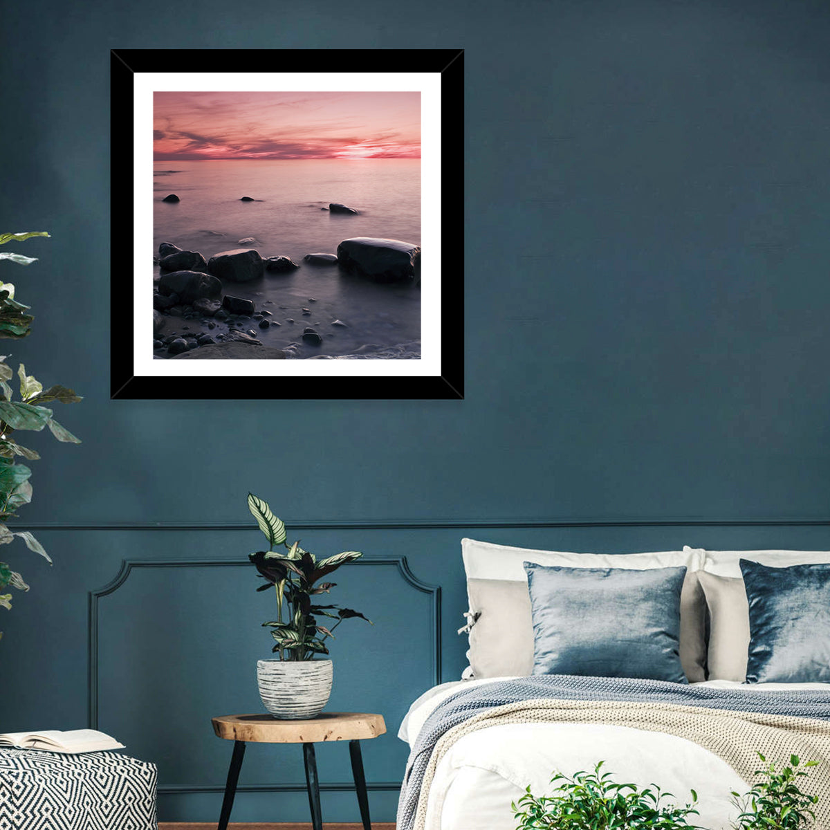 Pink Dusk Lakeshore with Silhouetted Rocks Wall Art in a room, square
