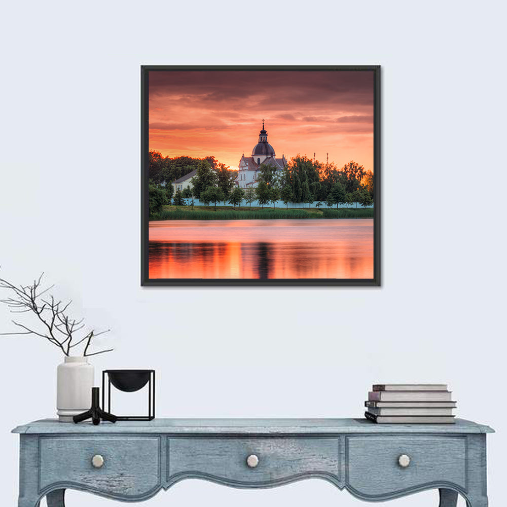 Corpus Christi Church Sunset Reflection Wall Art in a room, square