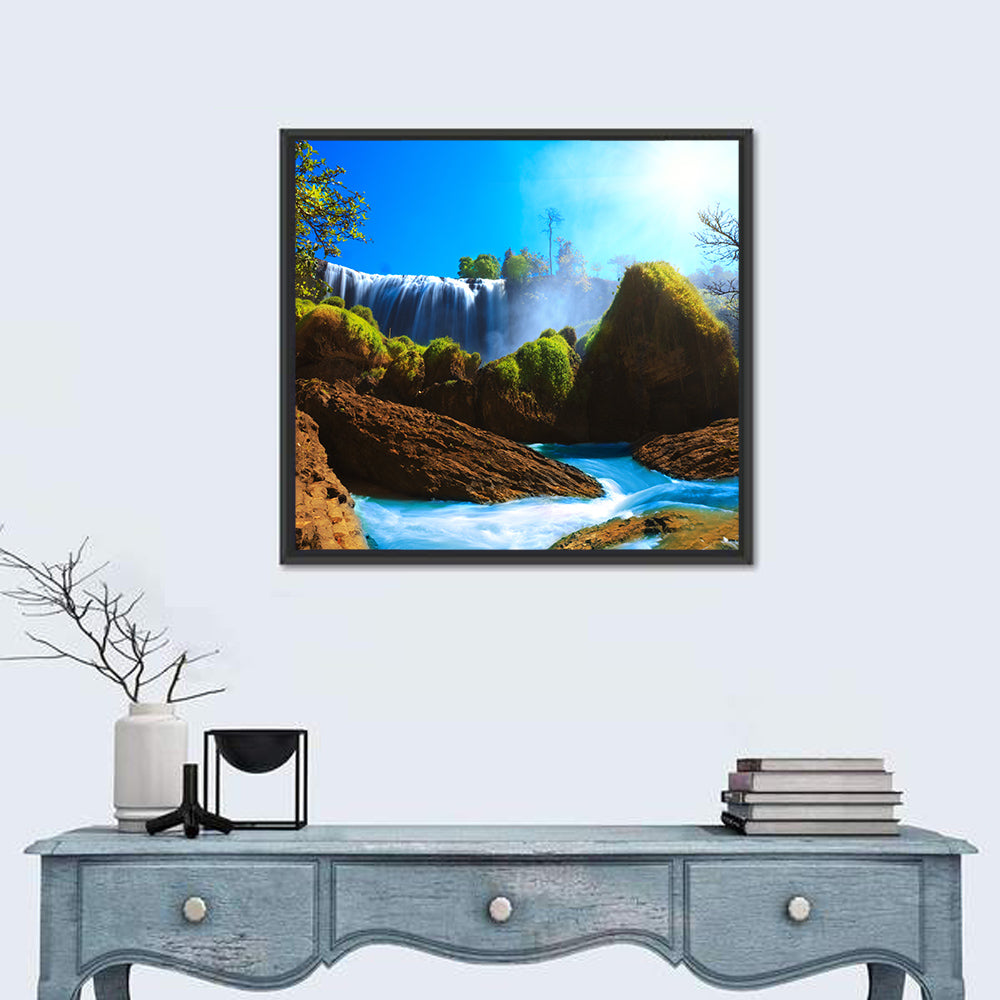 Sunlit Turquoise Waterfall Wall Art in a room, square